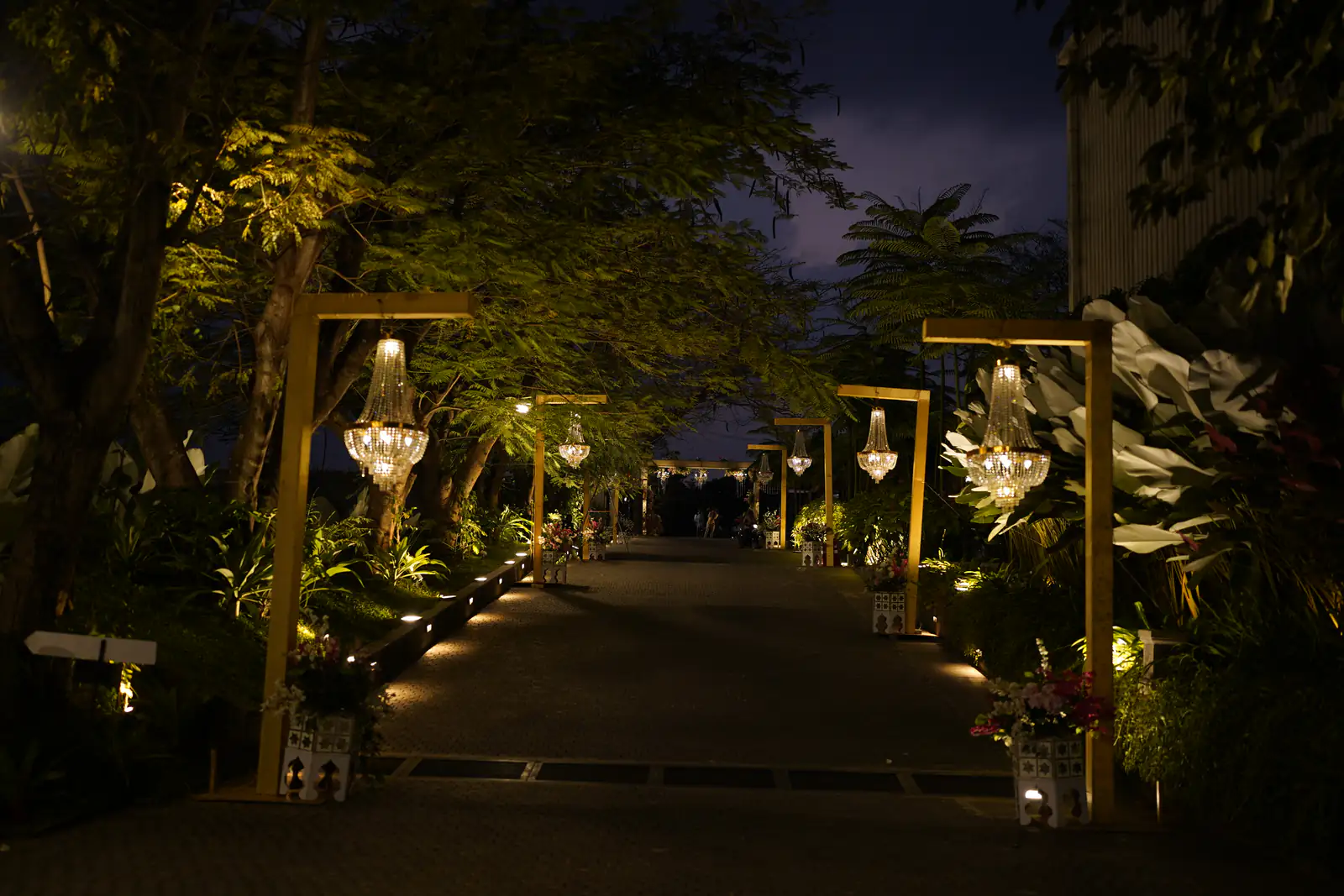 Chandelier-lit aisle at night