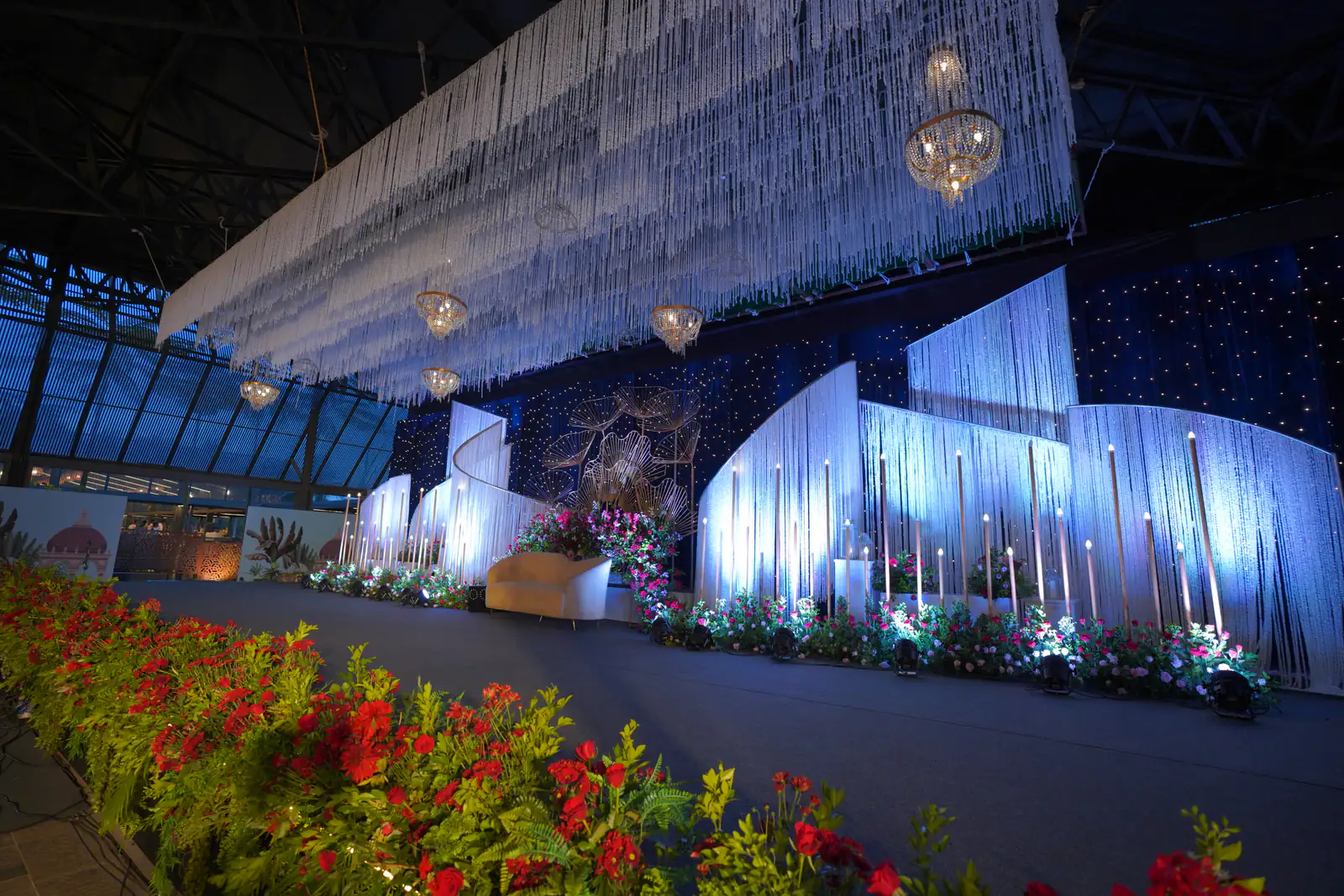 Blue crystal stage glowing for an evening reception
