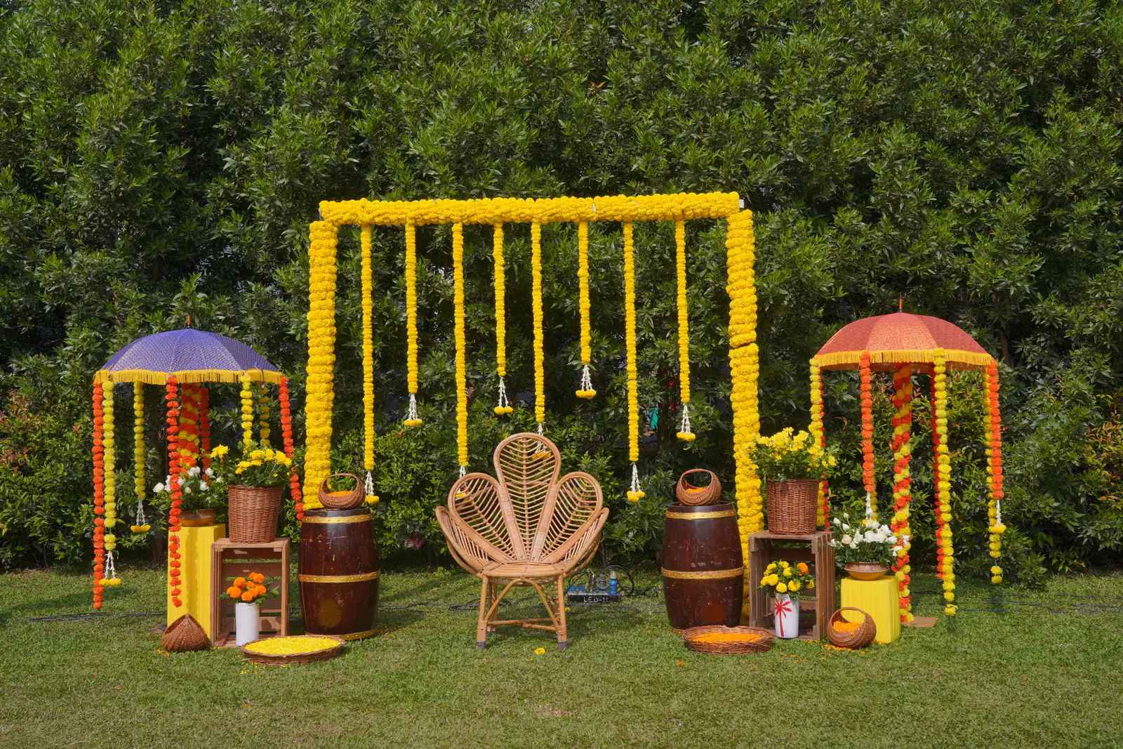 Haldi decor in marigold and yellow